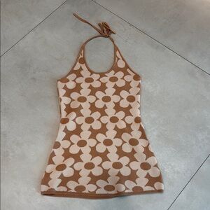 Pink Lily Floral Halter Mini Dress - Brown and Cream